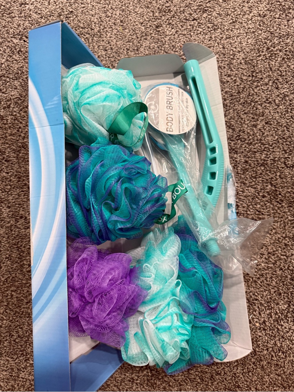 Turquoise & Purple Bath Loofah Set with Long-Handle Body Brush